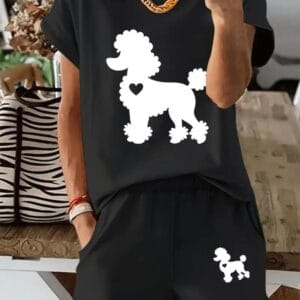 Conjunto Mujer 2 Piezas Poodle Negro | Playera y Short Algodón Casual con Estampado Perro French Poodle