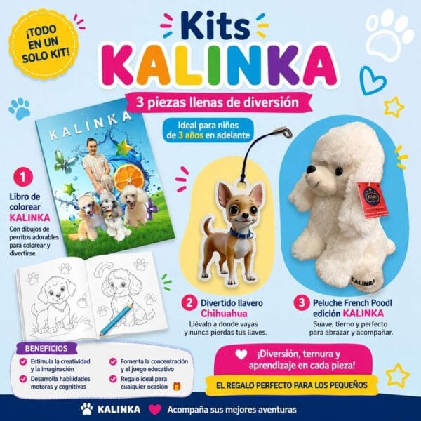 kits-kalinka-3-chichuachua Libro de Colorear + Llavero Chihuahua + Peluche French Poodle