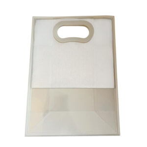 Bolsa de regalo transparente de 22 × 30 cm con asas integradas, vista frontal sobre fondo blanco