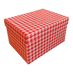 Caja de Regalo Kalinka roja de cartón rígido con tapa y estampado pata de gallo, vista en perspectiva