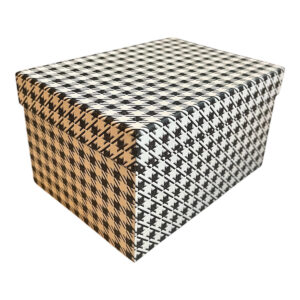 Caja de Regalo Kalinka negra de cartón rígido con tapa y estampado pata de gallo, vista en perspectiva